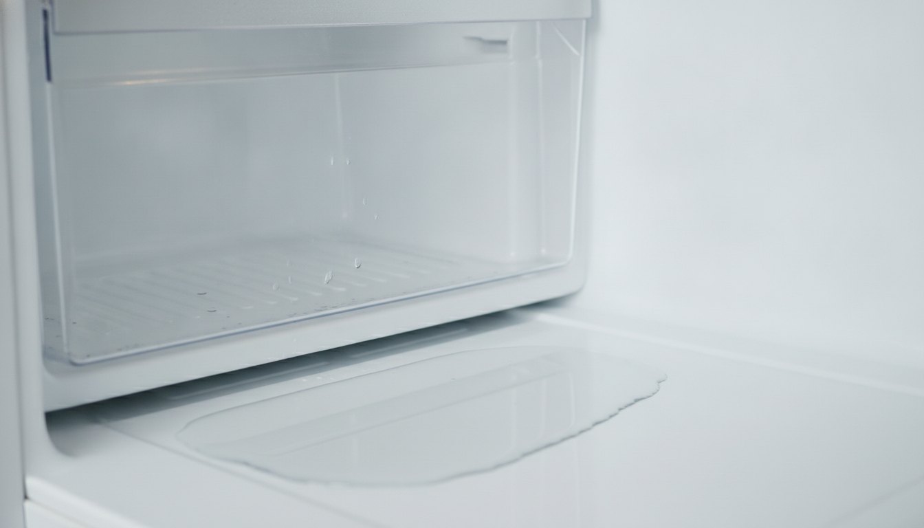 Água acumulada na base interna de uma geladeira branca, logo abaixo da gaveta transparente de vegetais.