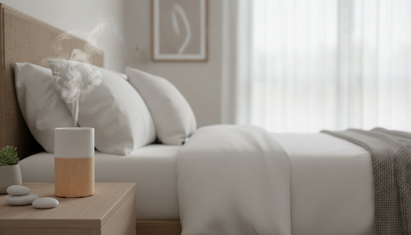 Difusor de aromas liberando névoa suave ao lado de uma cama com lençóis brancos.