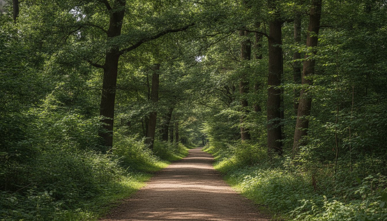 Pessoa caminhando por uma trilha de terra cercada por árvores altas e folhagens densas.