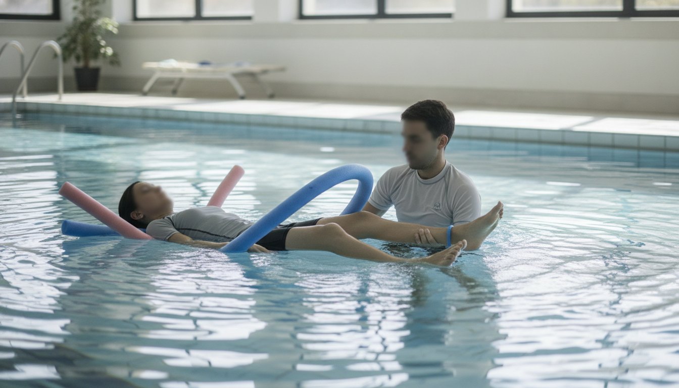 Paciente e fisioterapeuta em uma piscina realizando exercícios de reabilitação motora com espaguete de espuma.