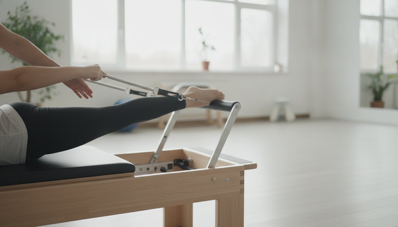 Paciente realiza exercício guiado por fisioterapeuta em um aparelho de pilates.