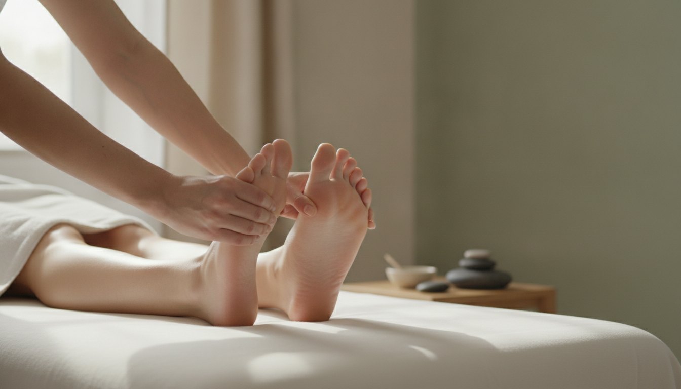 Terapeuta massageando a sola do pé de um paciente deitado em uma maca confortável.