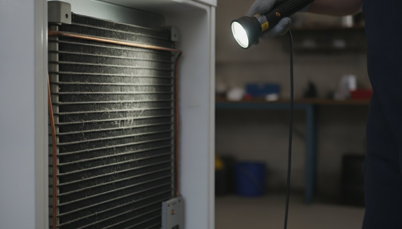 Técnico com luvas inspecionando a grade traseira de um refrigerador doméstico.