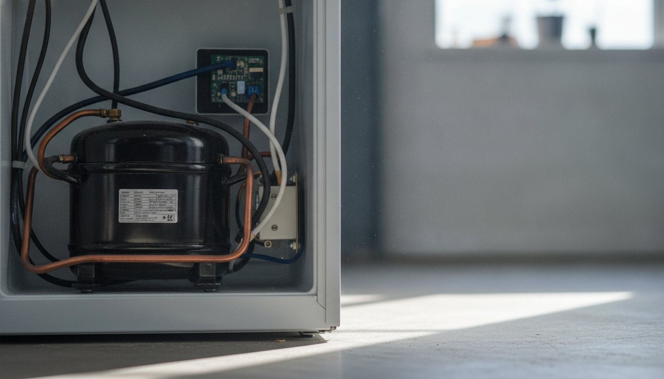 Parte inferior traseira de uma geladeira moderna mostrando o compressor metálico e cabos de conexão.