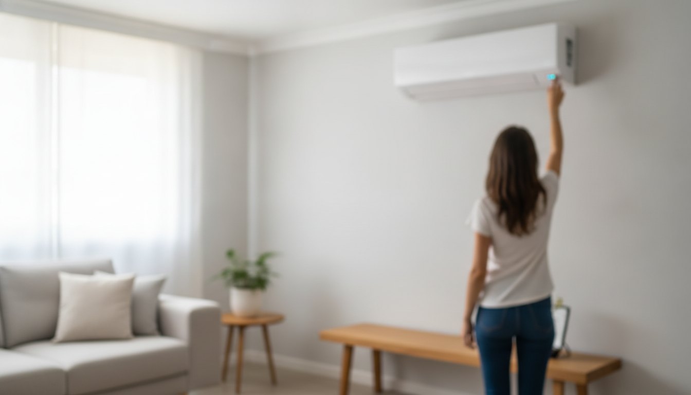 Homem ajustando as configurações de um aparelho de ar-condicionado branco instalado na parede da sala.