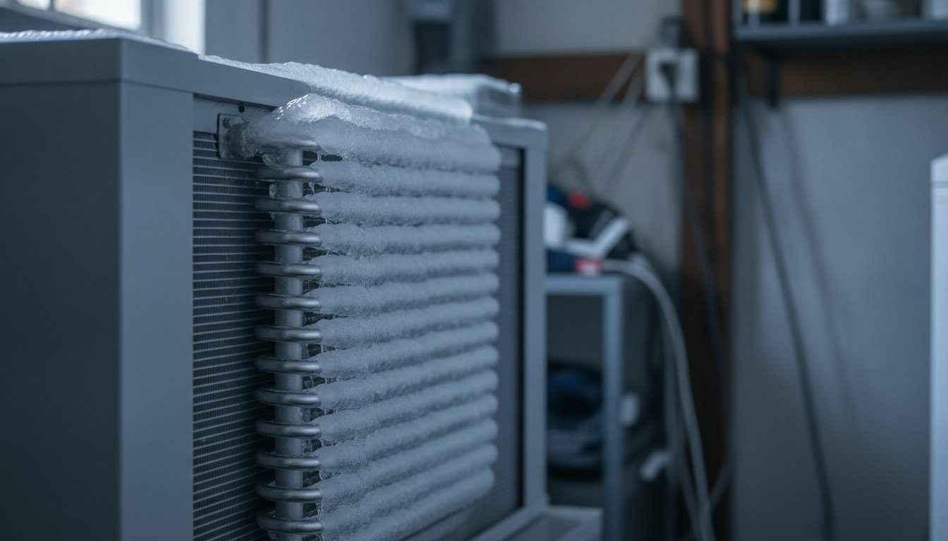 Camada grossa de gelo acumulada sobre a serpentina metálica de um equipamento de refrigeração residencial.
