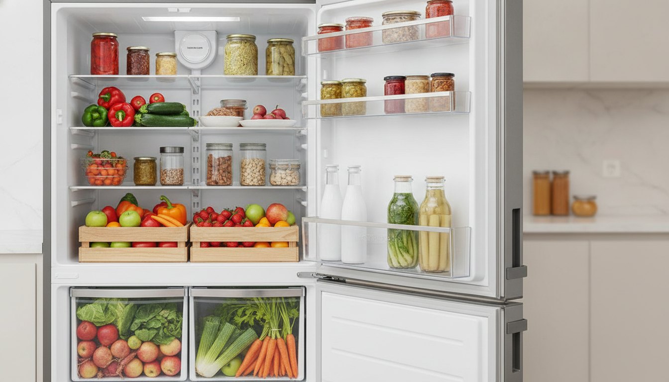 Geladeira aberta com prateleiras organizadas cheias de legumes, frutas e potes de vidro
