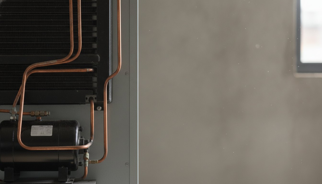Parte traseira de uma geladeira exibindo o motor compressor preto e tubos de cobre conectados.