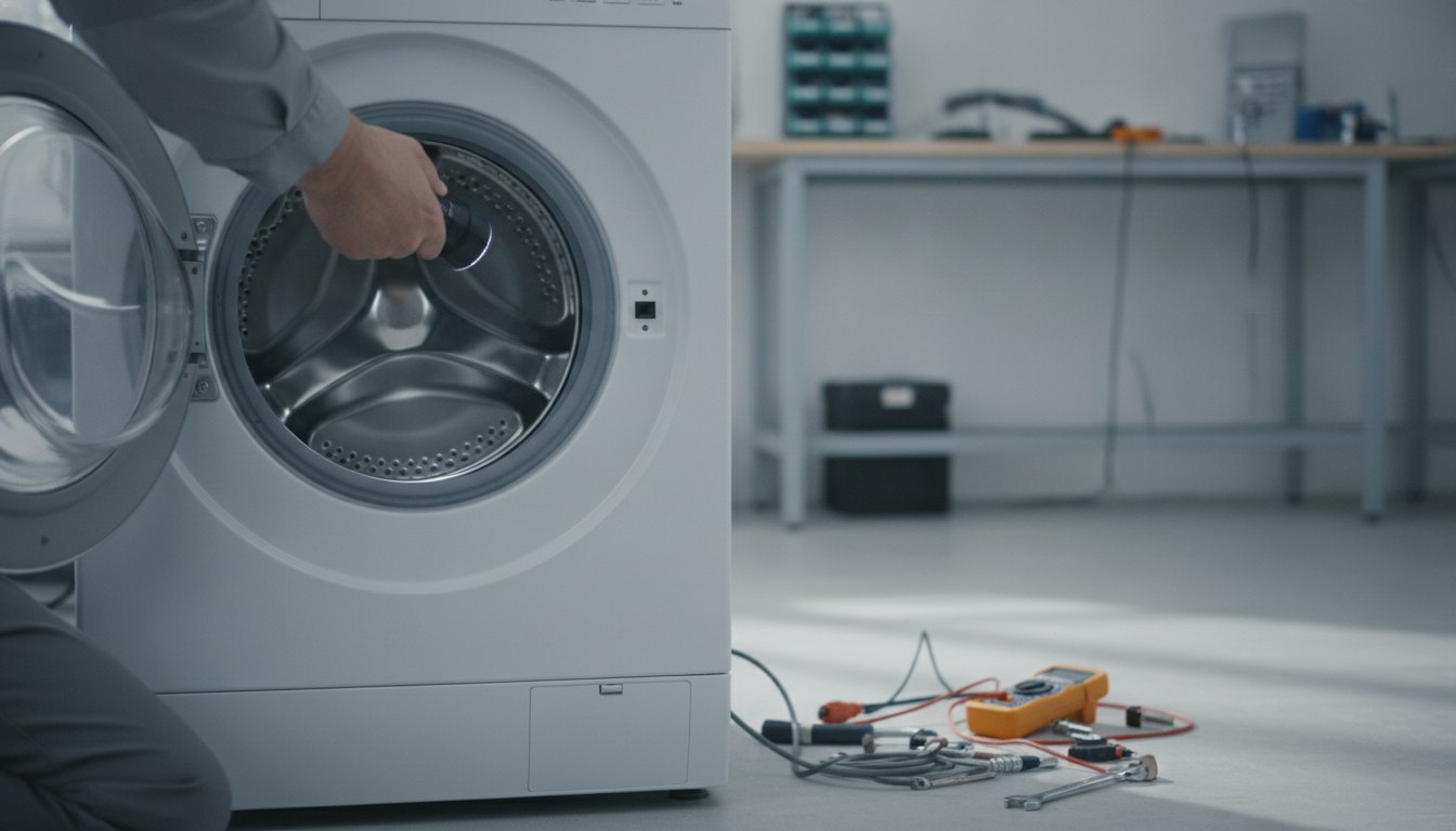 Profissional inspeciona o cesto de aço inox de uma máquina de lavar roupas aberta.