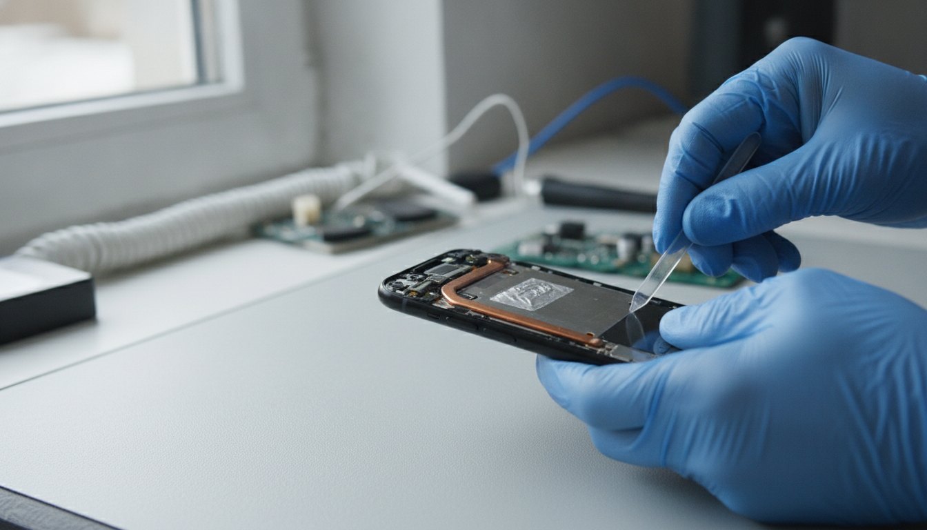 Profissional com luvas utilizando uma espátula de plástico para abrir a carcaça de um smartphone.