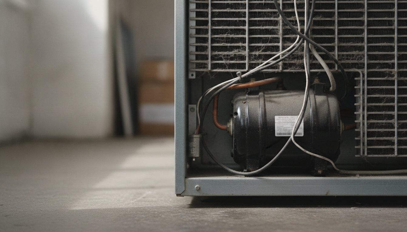 Parte traseira de uma geladeira com foco no motor e nas grades de ventilação.