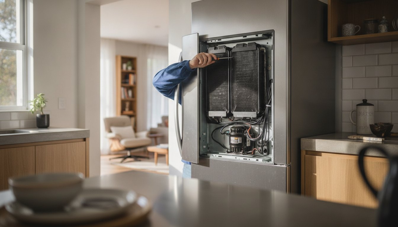 Técnico ajustando o painel traseiro de uma geladeira metálica em uma cozinha residencial.
