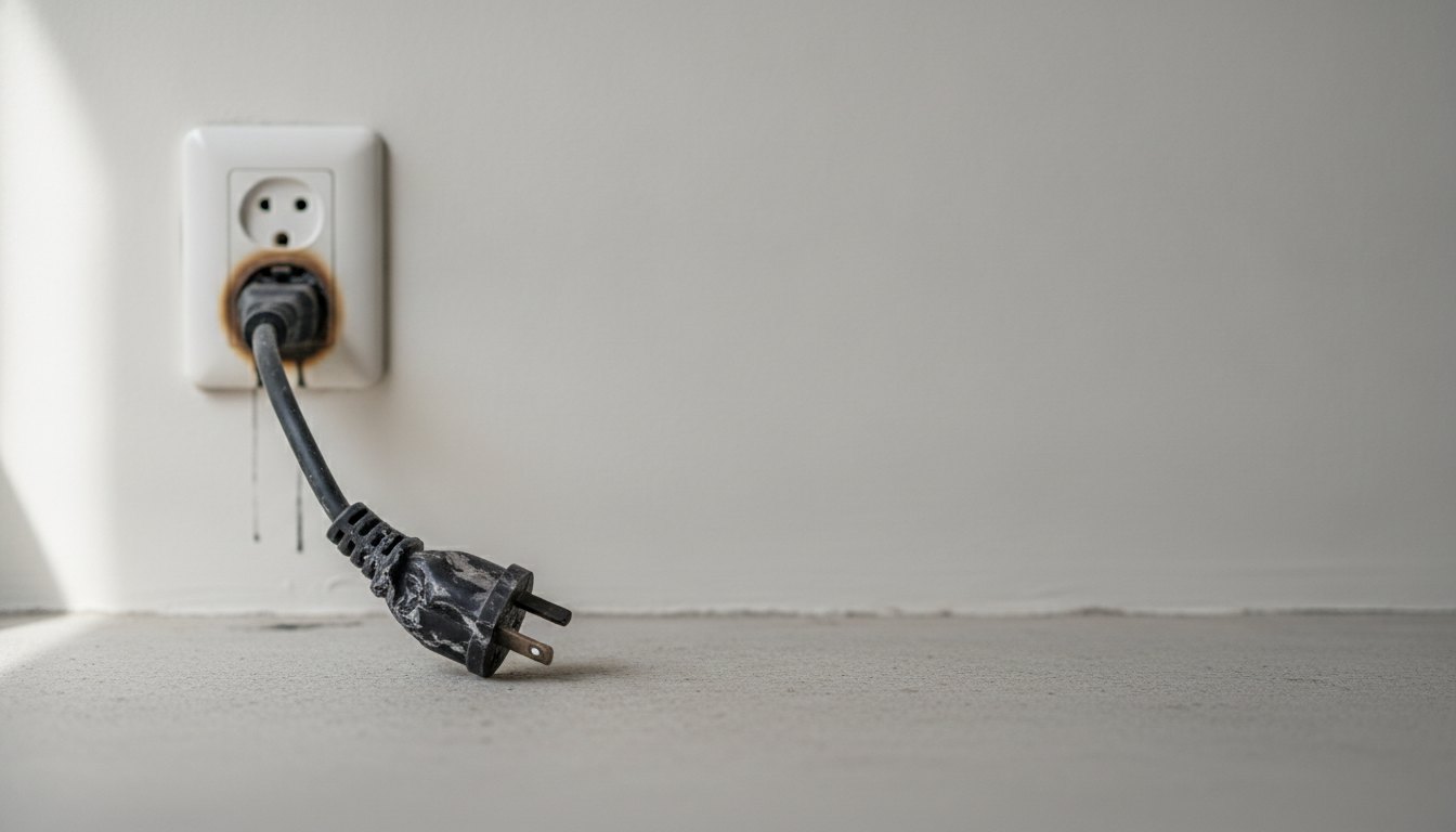 Cabo de energia preto com marcas de derretimento ao lado de uma tomada de parede branca