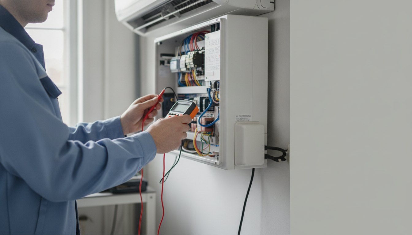 Técnico uniformizado utilizando multímetro para medir a corrente elétrica no painel de um ar-condicionado branco.