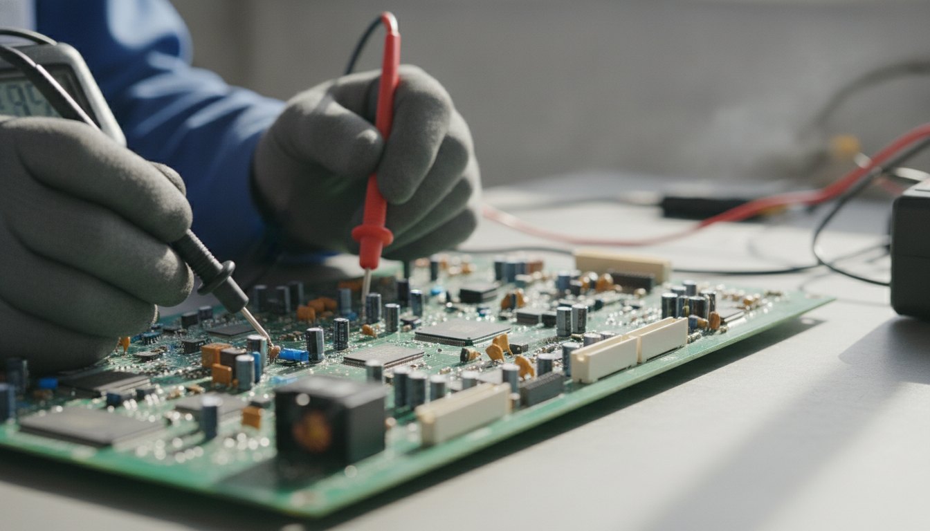 Técnico utilizando um multímetro para testar os componentes de uma placa de circuito impresso.