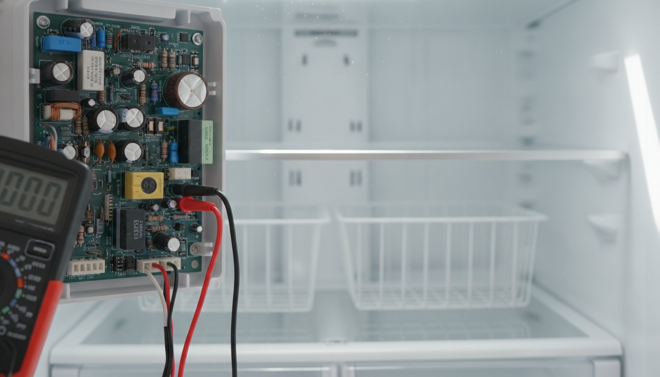Técnico inspecionando o painel de controle interno de uma geladeira com um multímetro digital.