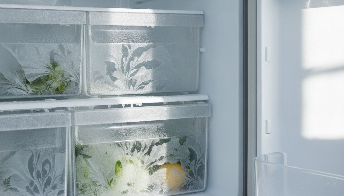 Interior de geladeira com acúmulo de gelo nas prateleiras inferiores e gavetas de legumes.