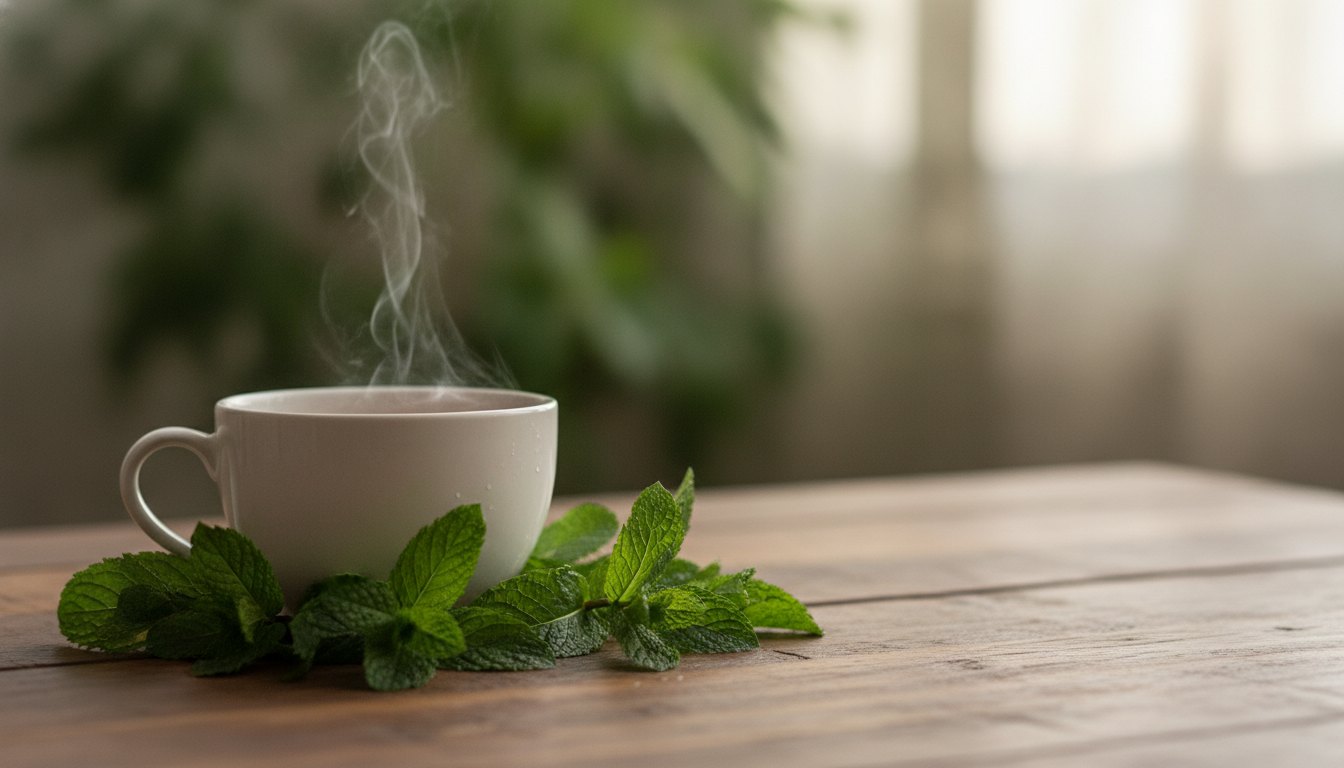 Xícara de chá fumegante sobre mesa de madeira cercada por folhas verdes frescas de hortelã.
