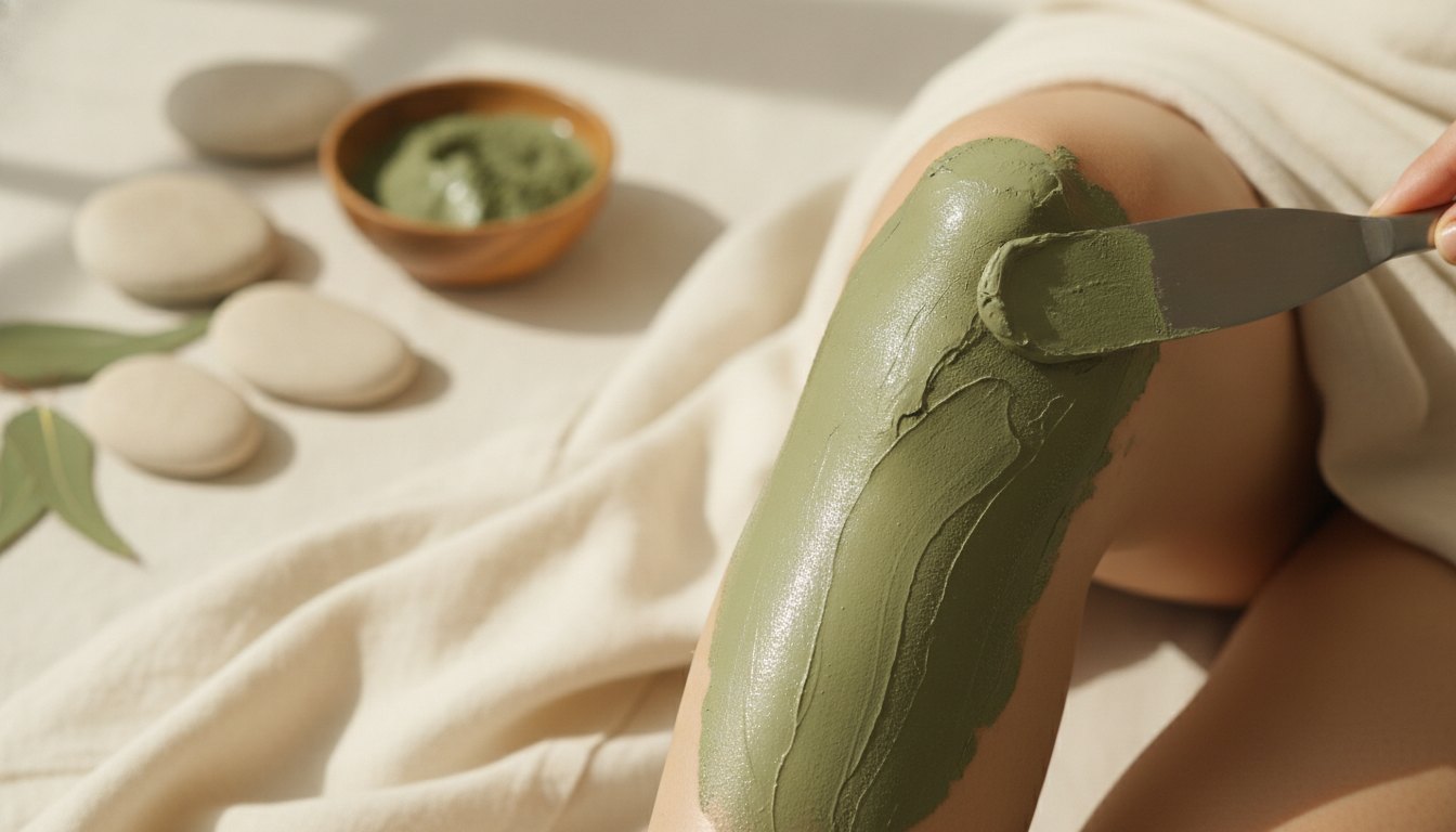 Pessoa recebendo aplicação de pasta de argila verde na região do joelho com uma espátula.