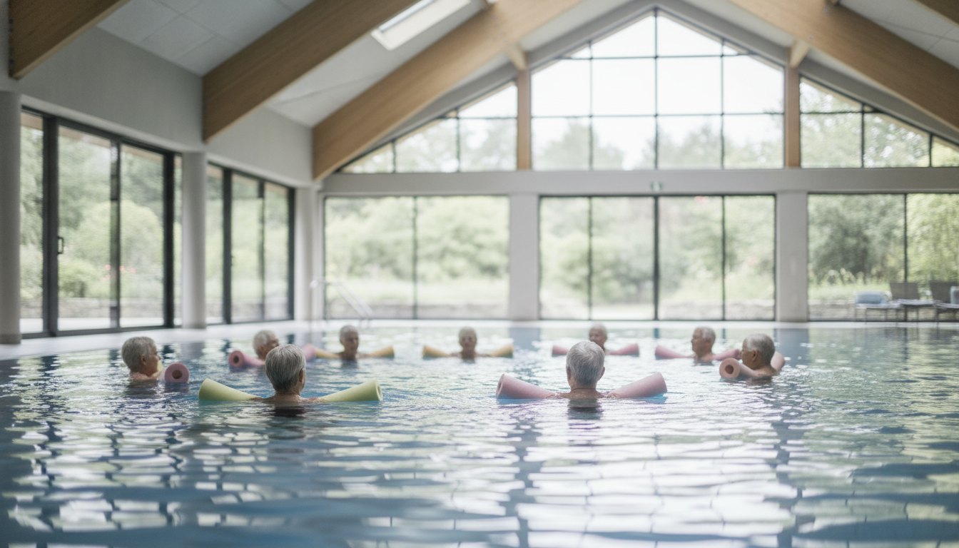 Grupo de idosos fazendo exercícios com boias cilíndricas em uma piscina coberta e iluminada.