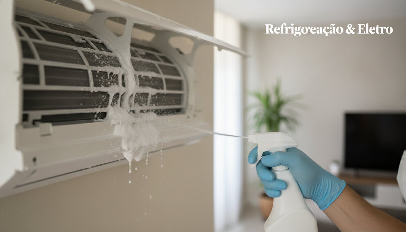 Profissional com luvas e máscara aplicando produto de limpeza nas aletas de um ar-condicionado split.
