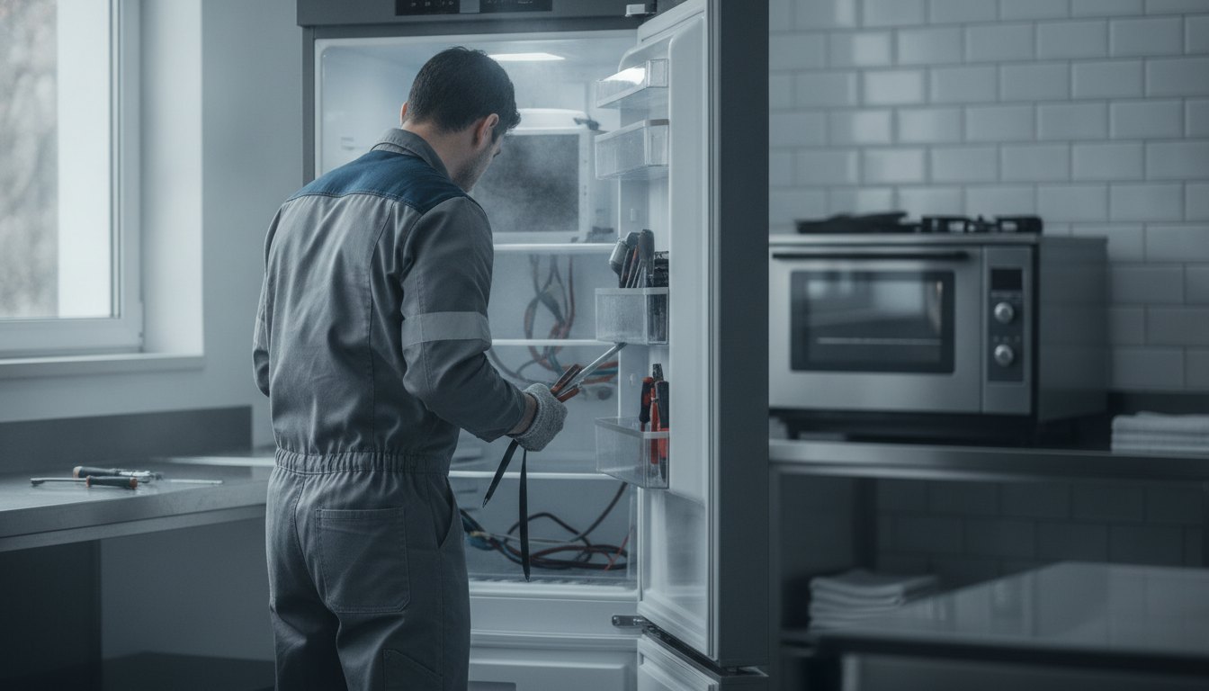 Técnico uniformizado inspecionando o interior de uma geladeira com ferramentas em mãos na cozinha.