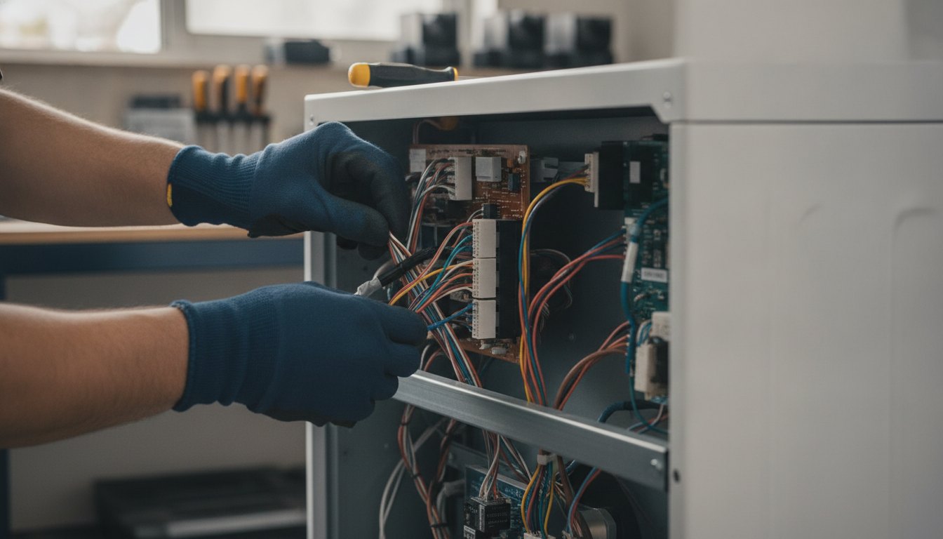 Técnico com luvas inspecionando o painel de uma máquina de lavar roupas aberta.