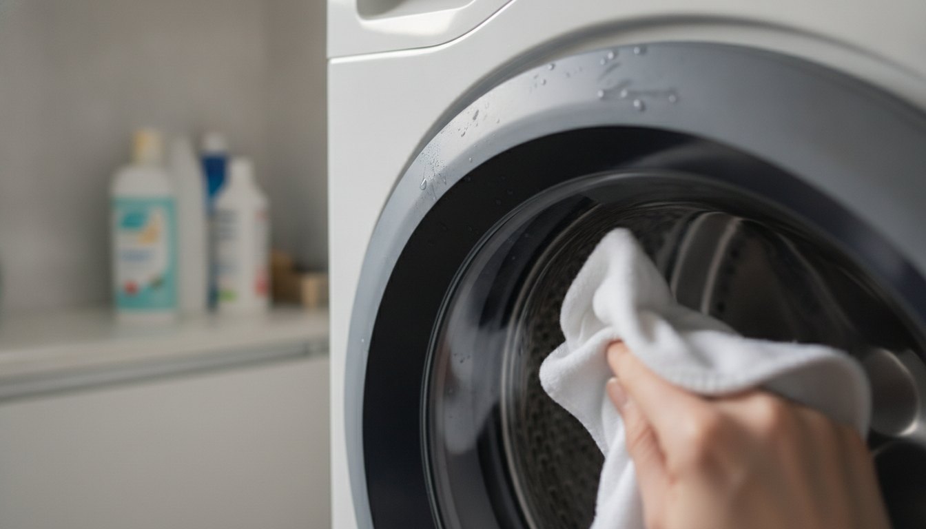 Pessoa limpando a borracha de vedação de uma máquina de lavar roupas com um pano.