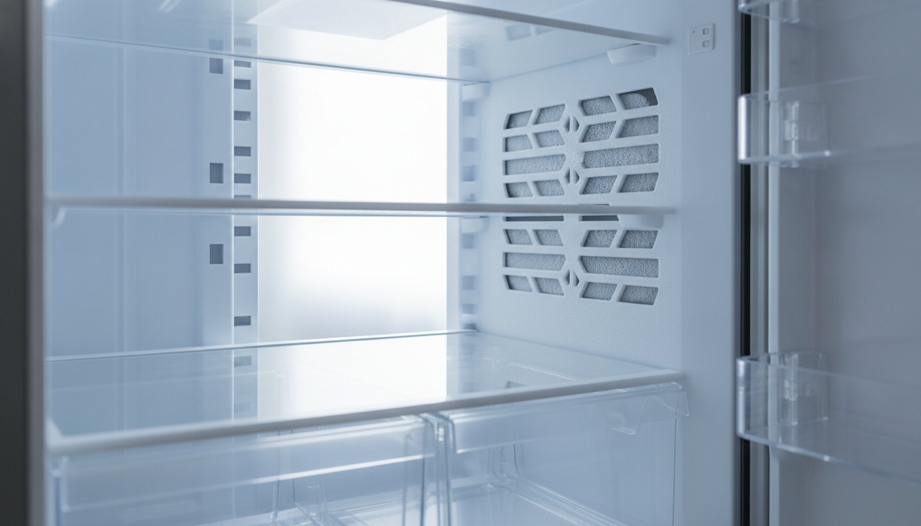 Interior de uma geladeira iluminada com foco nas saídas de ar no painel traseiro.