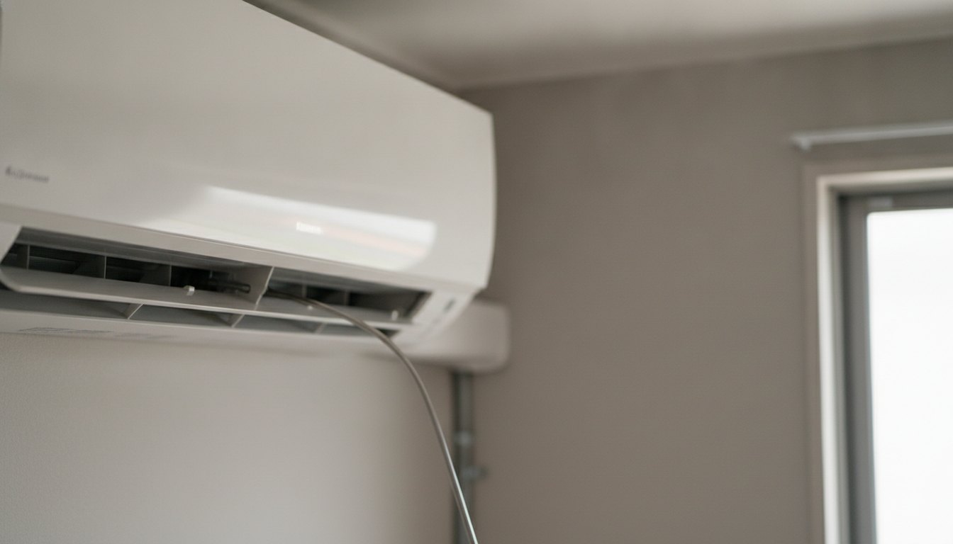 Técnico inspeciona a grade frontal de um aparelho de climatização fixado na parede.