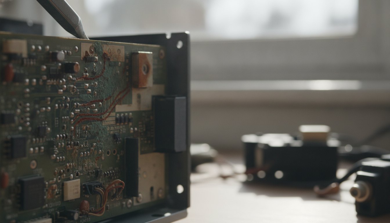 Técnico inspeciona placa interna de aparelho eletrônico com sinais de ferrugem e umidade.