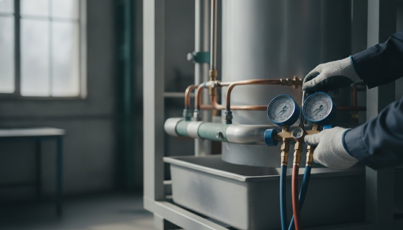 Técnico com luvas utilizando um manômetro para medir a pressão em um equipamento de refrigeração