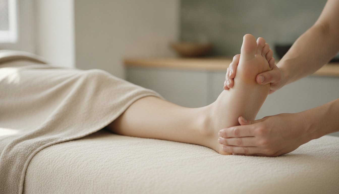 mãos de um terapeuta massageando a planta do pé de uma pessoa deitada