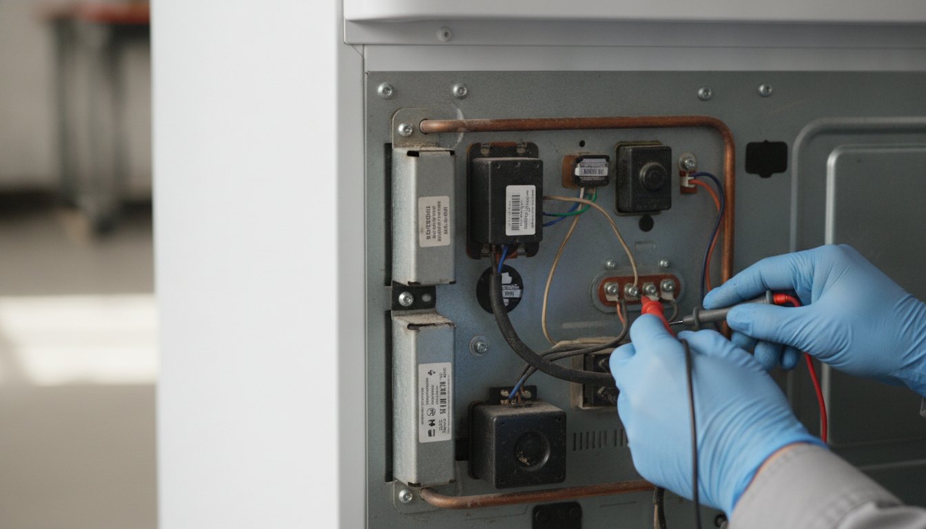 Técnico com luvas testando componentes elétricos na parte traseira inferior de uma geladeira branca.