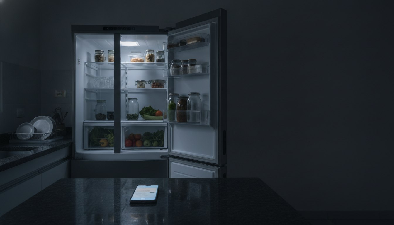 Geladeira aberta e smartphone sobre a bancada em cozinha escura durante uma queda de energia elétrica.