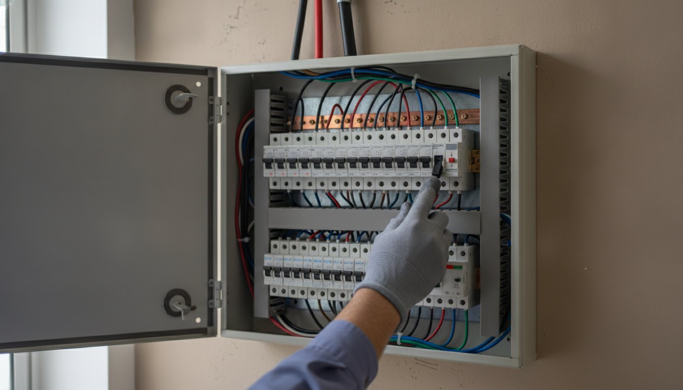 Quadro de disjuntores aberto com a mão de um técnico religando uma chave elétrica residencial.