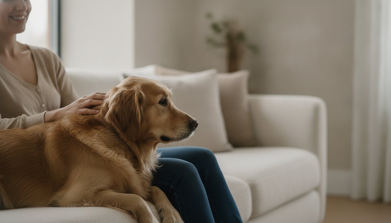 Mulher sorridente sentada no sofá enquanto acaricia um cachorro dourado deitado em seu colo.