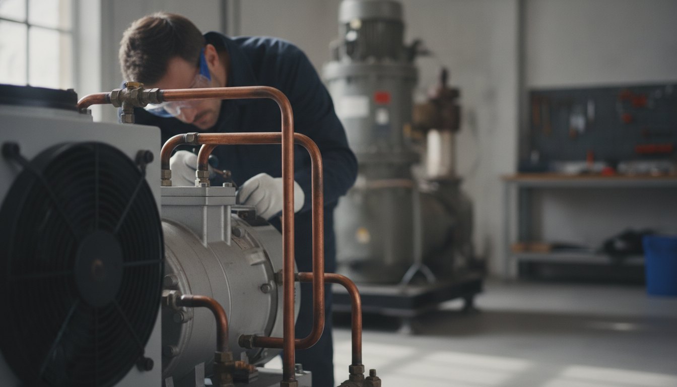 Técnico com luvas e óculos de proteção inspecionando a tubulação de cobre de um compressor.