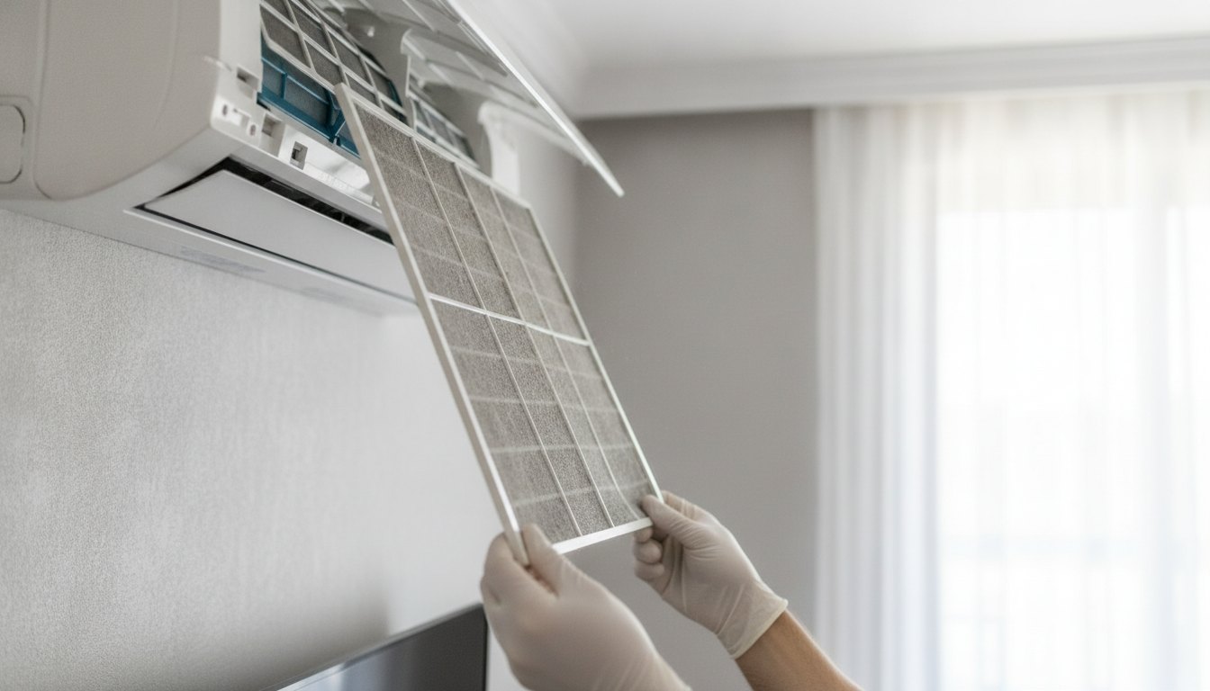 Homem retira filtro de tela de um ar-condicionado de parede branco para fazer a limpeza.